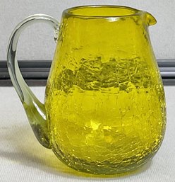 Mid Century Small Olive Green Hand Blown Crackle Glass Pitcher