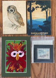 Misc. Lot - Wood Postcard/original Owl Painting/Cape Hatteras Stamp Block