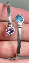 Sterling Hinged Bangle Bracelet W/ Heart Shaped Amethyst & Blue Topaz