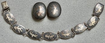 Siam Niello Sterling Bracelet & Clip On Earrings