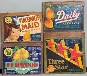 4pc Vintage Fruit Crate Labels On Wood