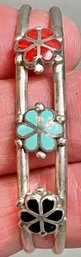 Sterling Cuff Bracelet W/ 3 Florets - Onyx/Turquoise & Coral