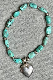 Shube Sterling & Turquoise Stretch Bracelet W/ Heart Charm