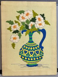 Vintage Crewel Embroidered Flowers In Vase Art