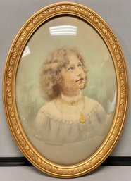 Antique Gold Frame Convex Glass Picture Of Woman