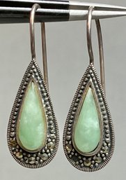 Sterling Nephrite Jade & Marcasite Drop Earrings