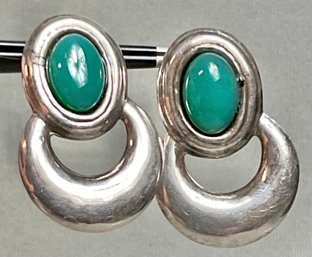 Sterling Green Glass Cabochon Earrings