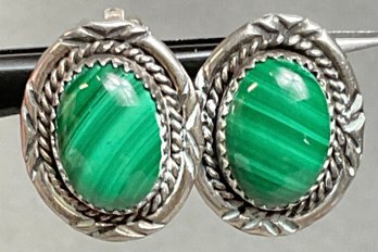 Signed Navajo Sterling Malachite Clip On Earrings