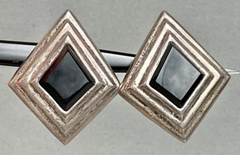 Sterling & Black Onyx Diamond Shape Clip On Earrings