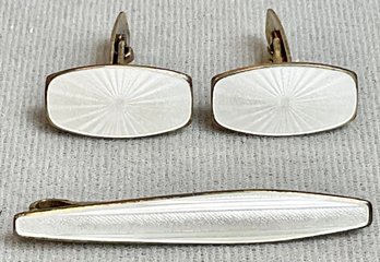 Vintage Sterling Gold Gilt/ White Enamel Norway Cufflinks & Tie Bar