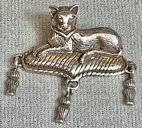 Designer Sterling Cat On Tasseled Pillow Brooch/ Pin