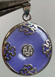 Chinese Sterling & Lavender Jade Long Life Disk Pendant
