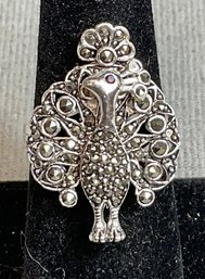 Sterling & Marcasite Peacock Ring - Garnet Eye