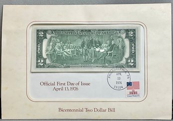 April 13, 1976 Official First Day Issue Bicentennial Two Dollar Bill