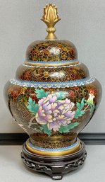 Vintage Chinese Cloisonn Ginger Jar W/ Wood Base