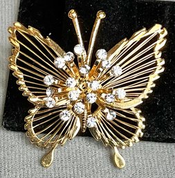Vintage Monet Butterfly Brooch - Gold Tone W/ Crystal Starburst Center