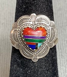 Signed Navajo Sterling & Multi Stone Inlay Heart Ring