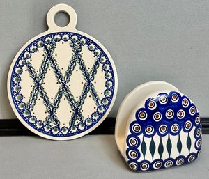 2pc Polish Pottery - Trivet & Napkin Holder