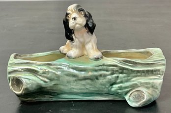 Vintage Cocker Spaniel On Log Ceramic Planter