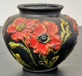 Tiffin Black Satin Glass Coralene Poppy Vase