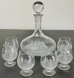 Etched Ship Glass Decanter & 6 Glasses
