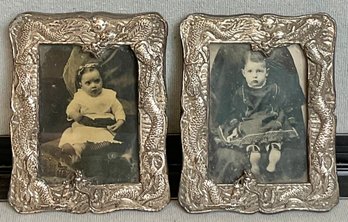 2 Antique Chinese Silver Plate Dragon Frames W/ Tintypes Of Children