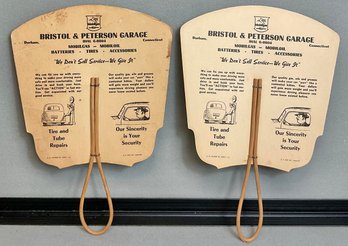 2 Vintage Advertising Hand Fans - Mobil Gas Bristol & Peterson Garage - Durham Ct.