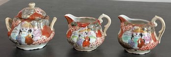 Antique Japanese Kutani Porcelain Sugar Bowl & 2 Creamers