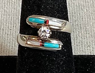 Zuni Sterling Inlay Ring W/ Clear Stone - Signed