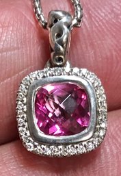 Designer Charles Krypell Sterling Necklace W/ Pink Topaz & Diamond Pendant