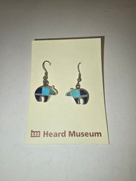 Sterling Silver And Multistone Inlay Bear-motif Dangle Earrings