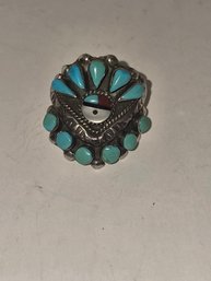 Unsigned Vintage Native American Zuni Sterling Silver Sunface (or Sun God) Inlay Ring  And Earri Gs