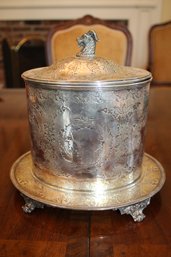 Victorian-Style Silverplate Biscuit Box With Goat Head Finial And Engraved Holly Decoration