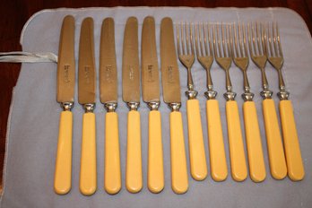 Vintage E. Maussner Solingen Germany Rostfrei Stainless Flatware Set With Butterscotch Handles  12 Pieces