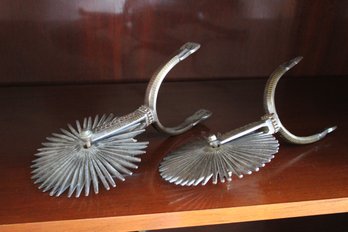 Pair Of Antique Engraved Iron Western Rowel Spurs  Large Star Rowels