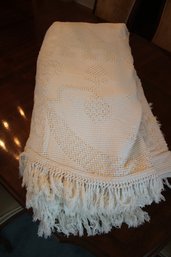 Vintage White/Cream Raised Pattern Woven Bedspread Or Coverlet With Fringe  104' X 100'