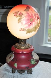 Antique Hand-Painted Electrified Gone With The Wind Style Parlor Lamp  Floral Decorated