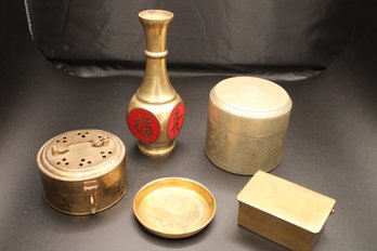 Assorted Brass & Metal Decorative Objects Including Engraved Box, Incense Burner, Vase And Trinket Box