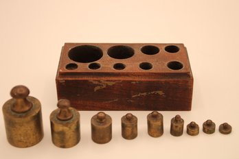 Antique Brass Apothecary / Scientific Scale Weights In Original Wooden Block Case  Complete 9-Piece Set