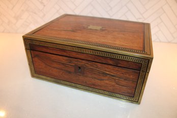 Antique Coromandel & Brass Bound Writing Slope With Inkwells, Secret Compartment And Key