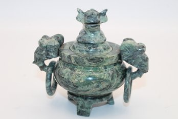 Carved Green Stone Dragon Motif Censer Or Incense Burner With Ring Handles