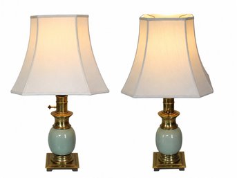 Pair Of Vintage Brass & Celadon Green Table Lamps With Silk-O-Lite Shades