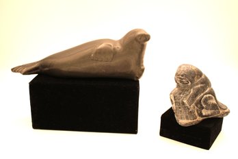 Pair Of Eskimo And Seal Soapstone Sculptures