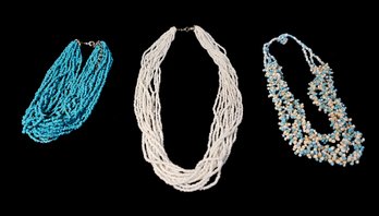 Turquoise, Blue And White And White Beaded Necklaces
