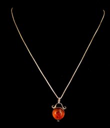 Vintage Sterling Silver Chain Marked 925 A-Z And Baltic Amber Pendant Marked 925 BP