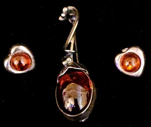 Vintage Baltic Amber Pin And Pierced Earrings 925