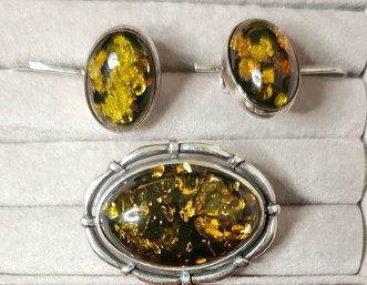 Vintage Baltic Amber Pin/pendant And Earrings  (925)