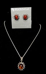 Sterling Silver Amber Necklace With Matching Pierced Earrings (new)