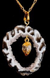 Very Pretty Sliced Agate With Citrine Pendant 12K Gold Filled Chain
