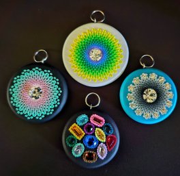 Hand Painted Wooden Mandala Keychains/pendants With Center Jewels White, Black And Turquois